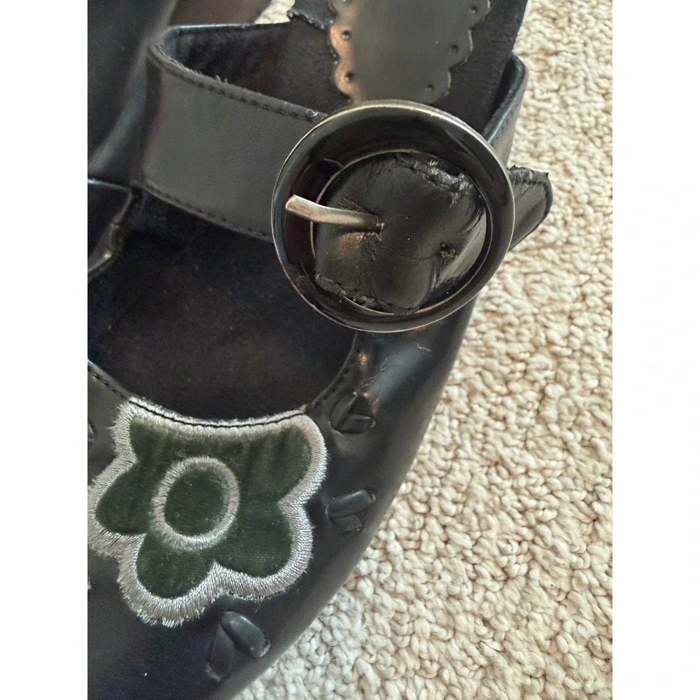 Arizona Jean Company Black Floral Wedge Mules Green Velvet Flower Sz 7-7.5 (Y2K)